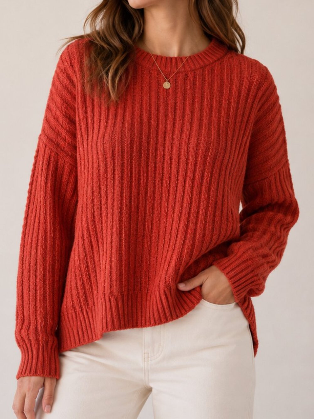 SO Goods For Life Orange Open Knit Ribbed Crewneck Sweater Large High Low Hem